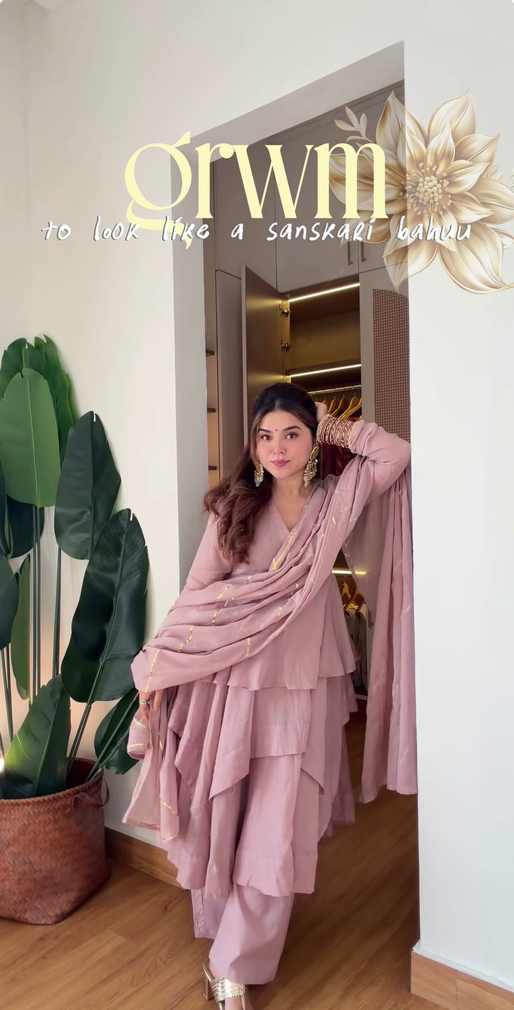 Dusty Rose Pink Layered Anarkali Sharara Set with Ruffled Flared Kurta, Flowing Sheer Dupatta & Delicate Gold Accents