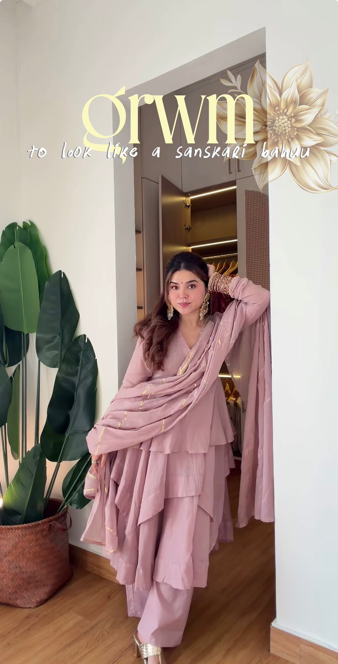 Dusty Rose Pink Layered Anarkali Sharara Set with Ruffled Flared Kurta, Flowing Sheer Dupatta & Delicate Gold Accents