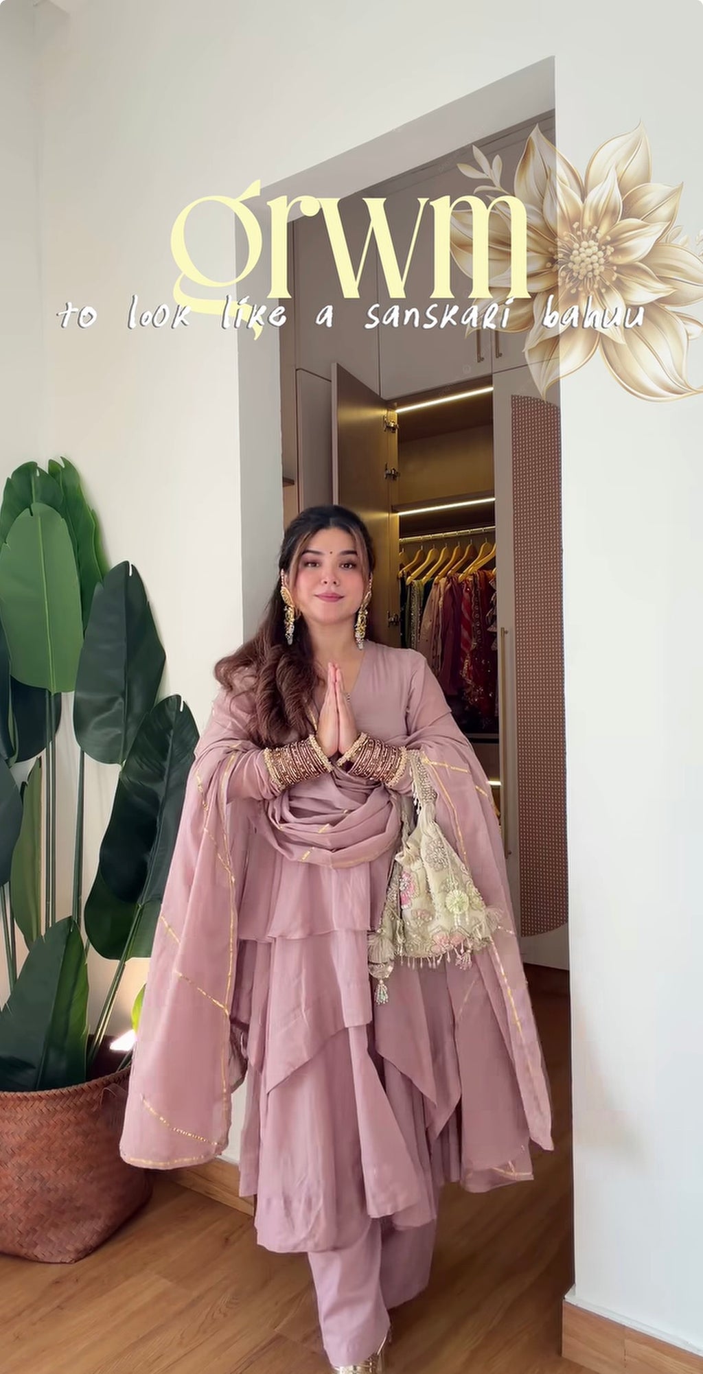 Dusty Rose Pink Layered Anarkali Sharara Set with Ruffled Flared Kurta, Flowing Sheer Dupatta & Delicate Gold Accents