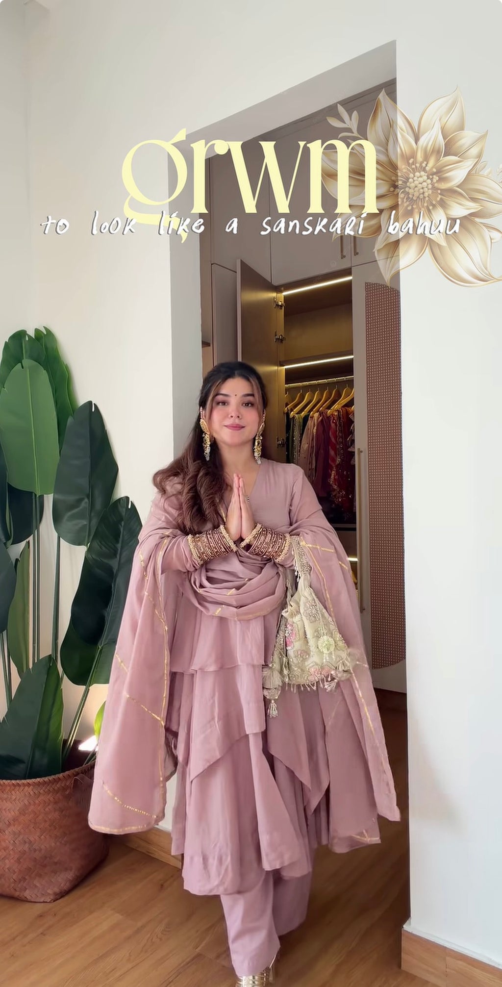 Dusty Rose Pink Layered Anarkali Sharara Set with Ruffled Flared Kurta, Flowing Sheer Dupatta & Delicate Gold Accents