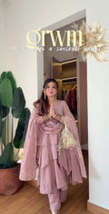 Dusty Rose Pink Layered Anarkali Sharara Set with Ruffled Flared Kurta, Flowing Sheer Dupatta & Delicate Gold Accents