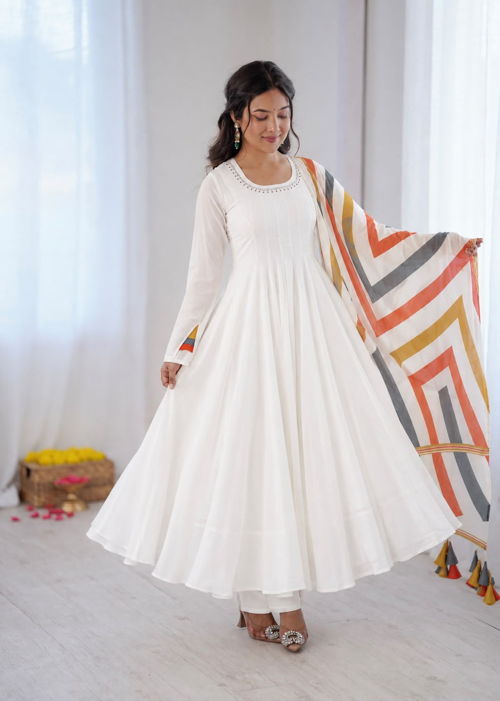 Elegant White Anarkali Suit with Multicolour Geometric Printed Dupatta & Tassel Detailing
