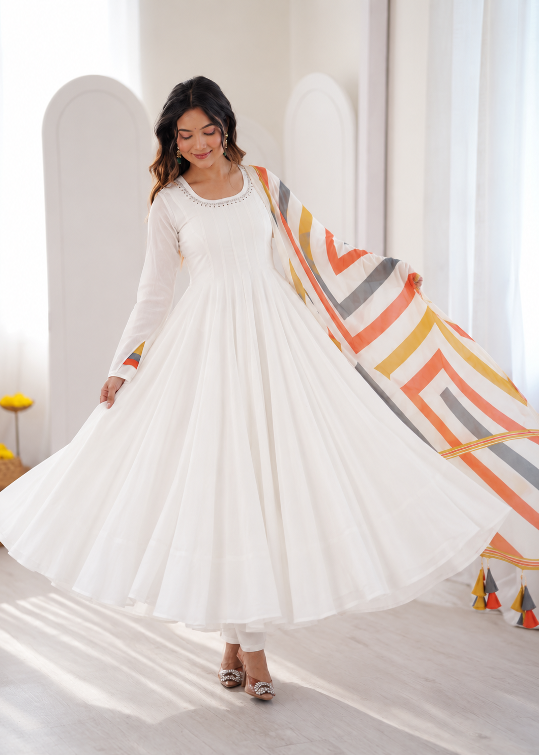 Elegant White Anarkali Suit with Multicolour Geometric Printed Dupatta & Tassel Detailing