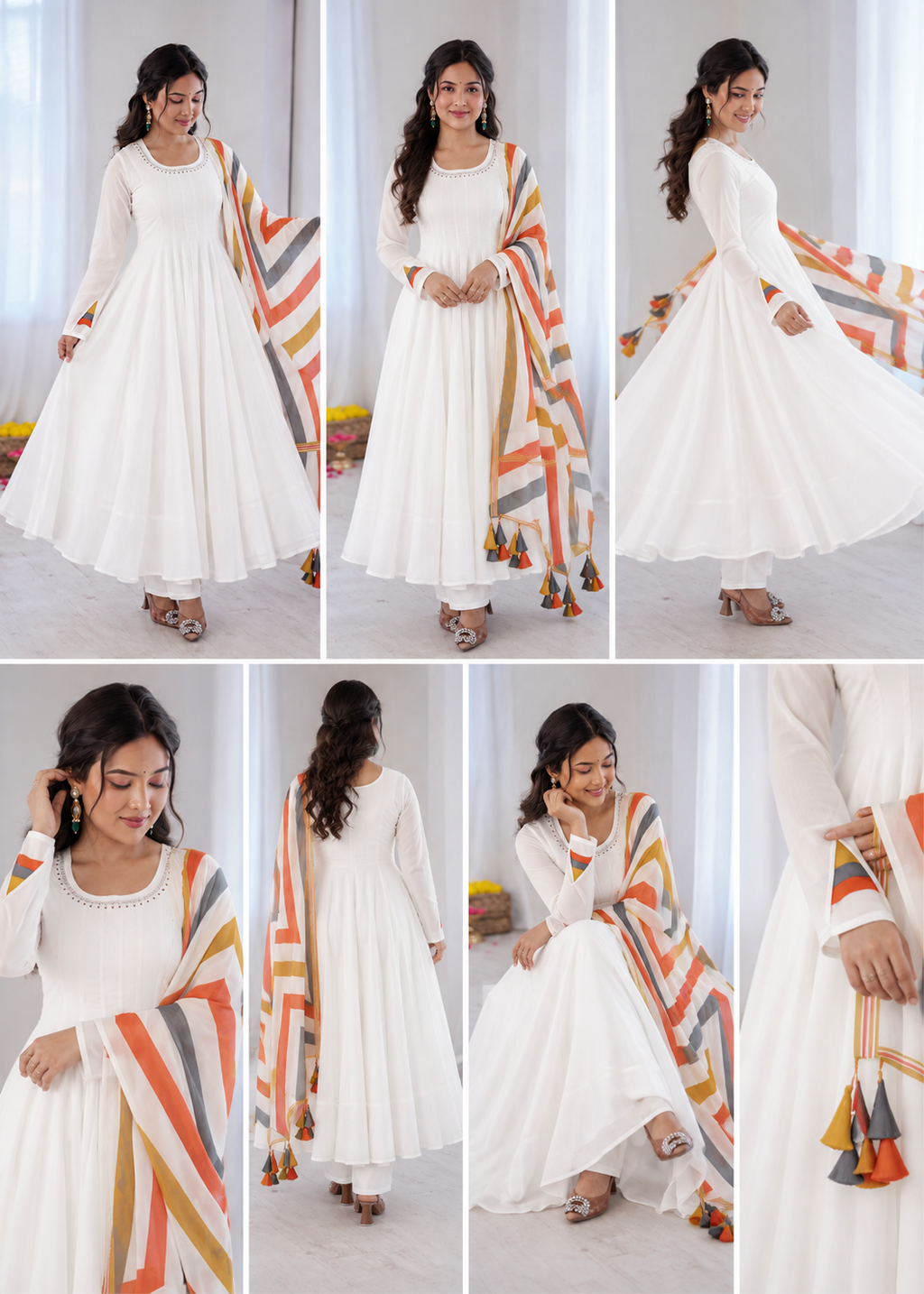Elegant White Anarkali Suit with Multicolour Geometric Printed Dupatta & Tassel Detailing