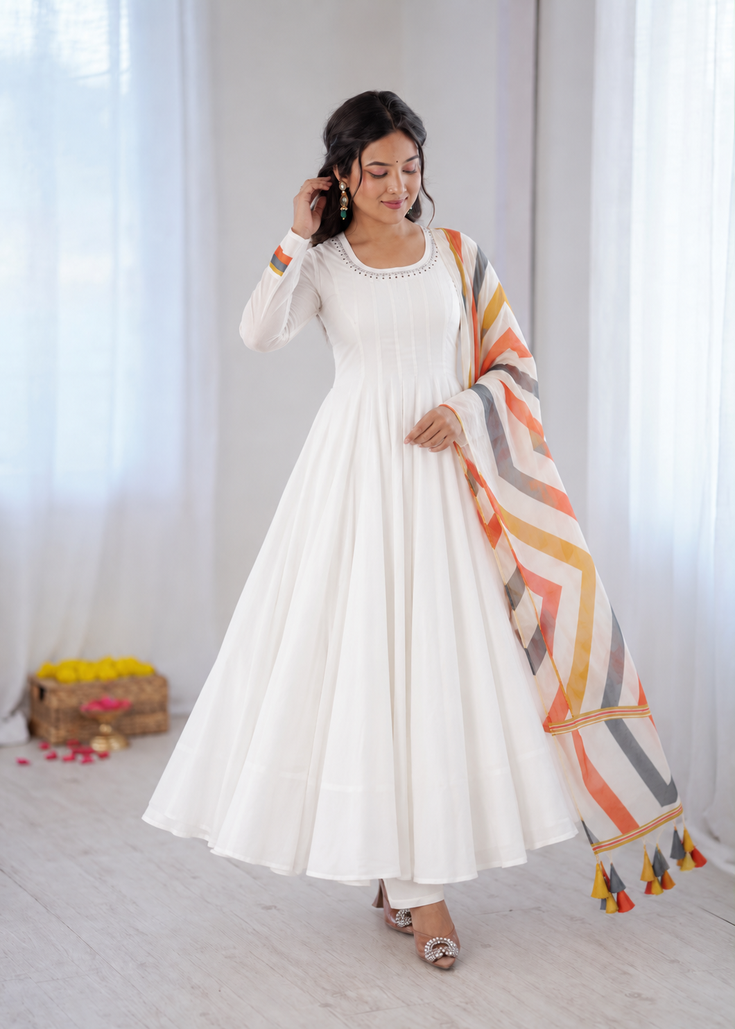 Elegant White Anarkali Suit with Multicolour Geometric Printed Dupatta & Tassel Detailing