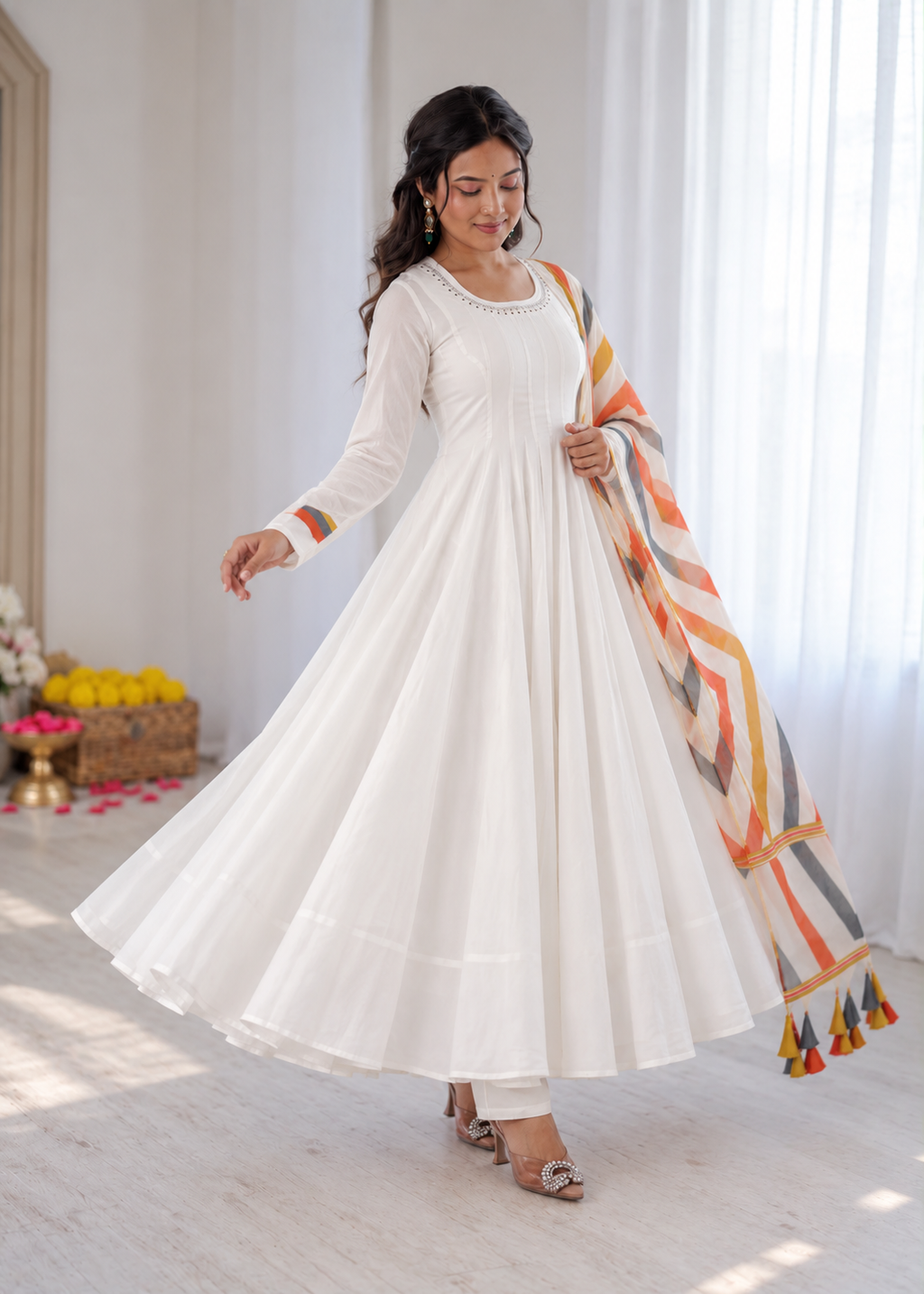 Elegant White Anarkali Suit with Multicolour Geometric Printed Dupatta & Tassel Detailing
