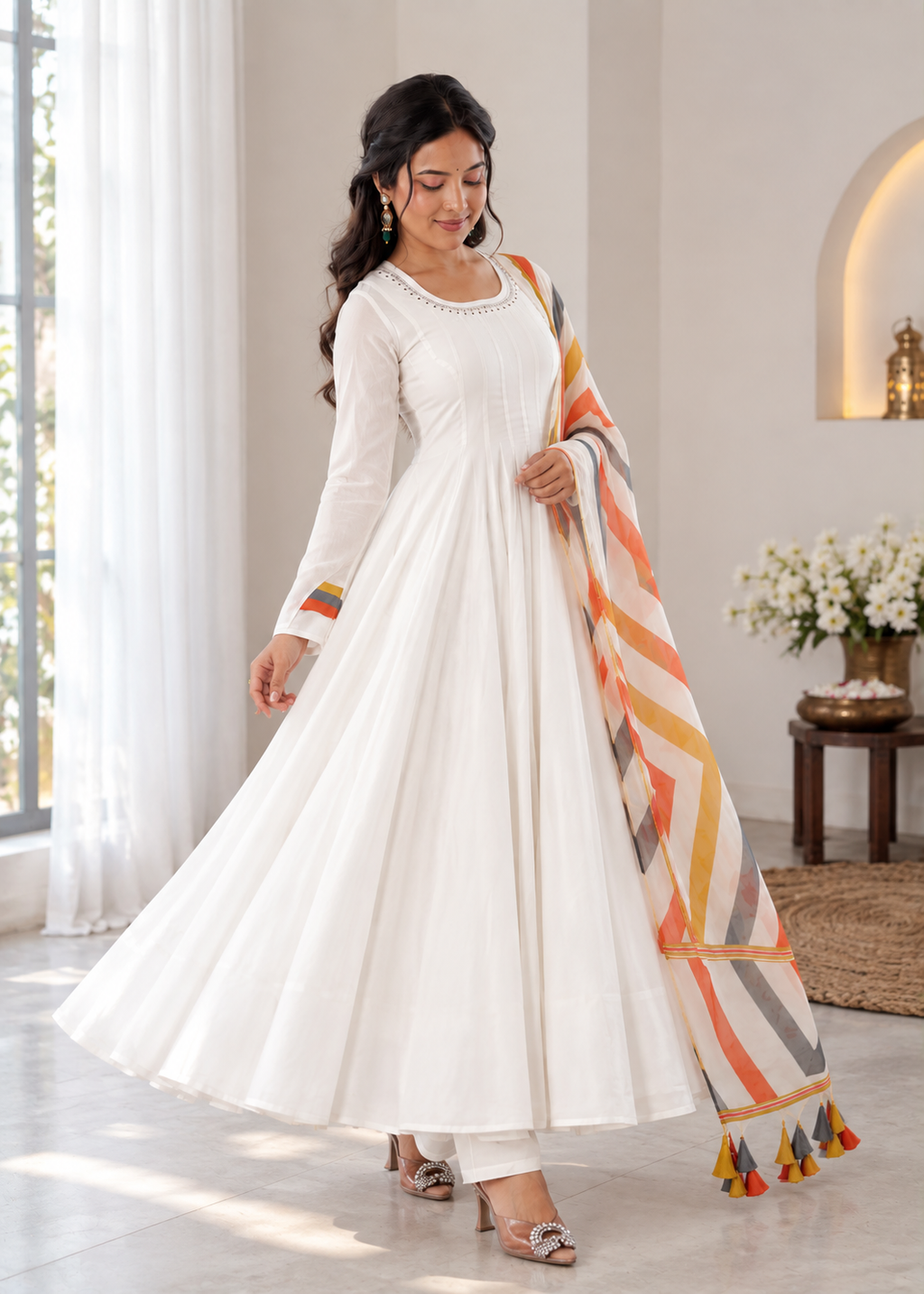 Elegant White Anarkali Suit with Multicolour Geometric Printed Dupatta & Tassel Detailing