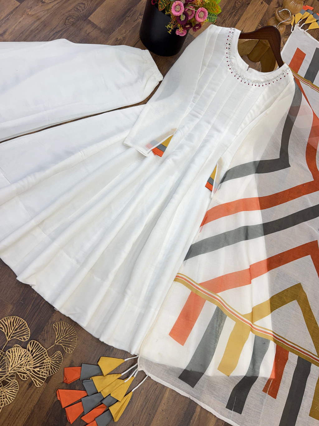 Elegant White Anarkali Suit with Multicolour Geometric Printed Dupatta & Tassel Detailing
