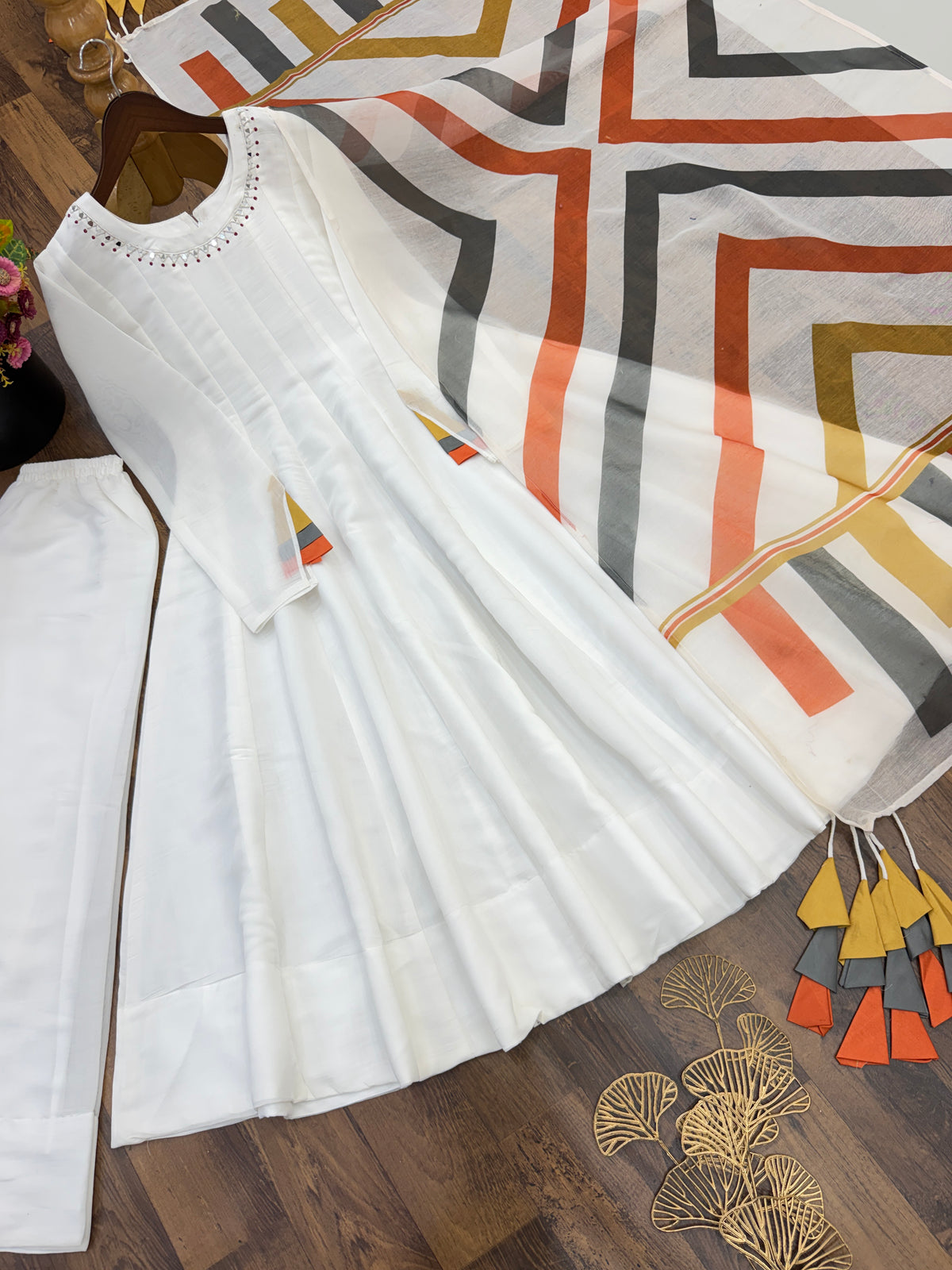Elegant White Anarkali Suit with Multicolour Geometric Printed Dupatta & Tassel Detailing