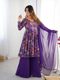Royal Purple Floral Printed Flared Anarkali with Matching Palazzo & Sheer Dupatta