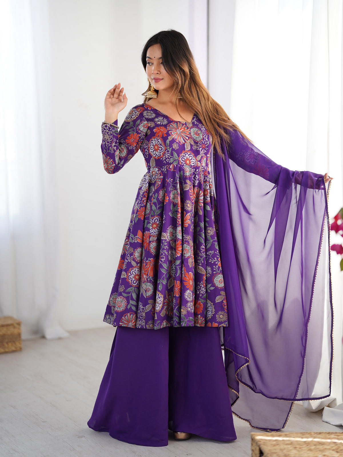 Royal Purple Floral Printed Flared Anarkali with Matching Palazzo & Sheer Dupatta