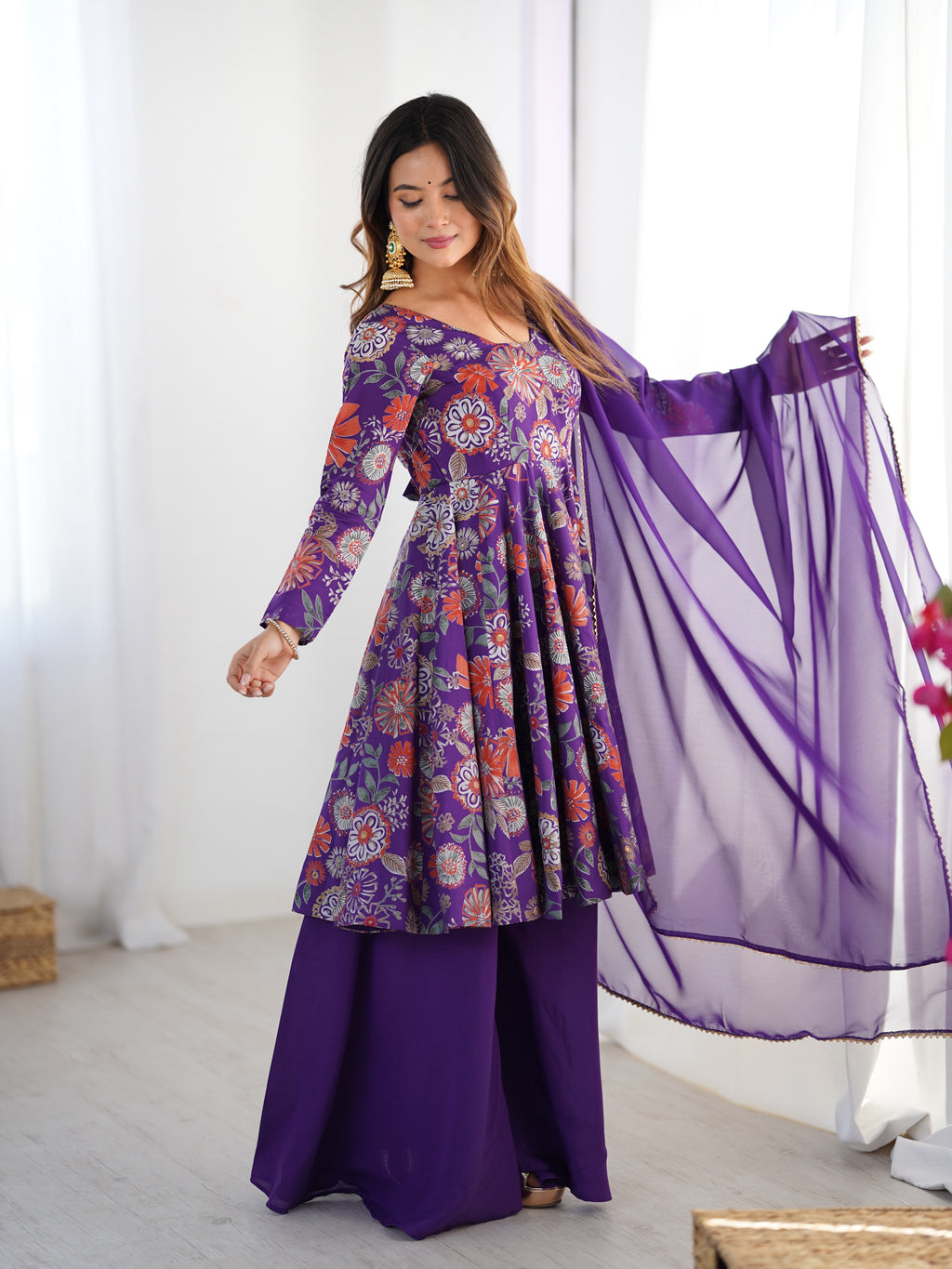 Royal Purple Floral Printed Flared Anarkali with Matching Palazzo & Sheer Dupatta