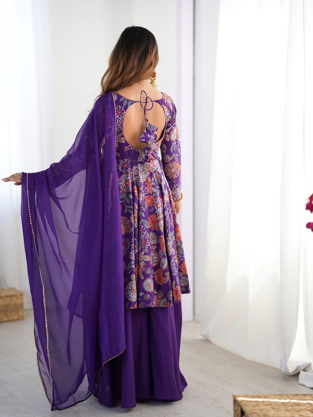 Royal Purple Floral Printed Flared Anarkali with Matching Palazzo & Sheer Dupatta