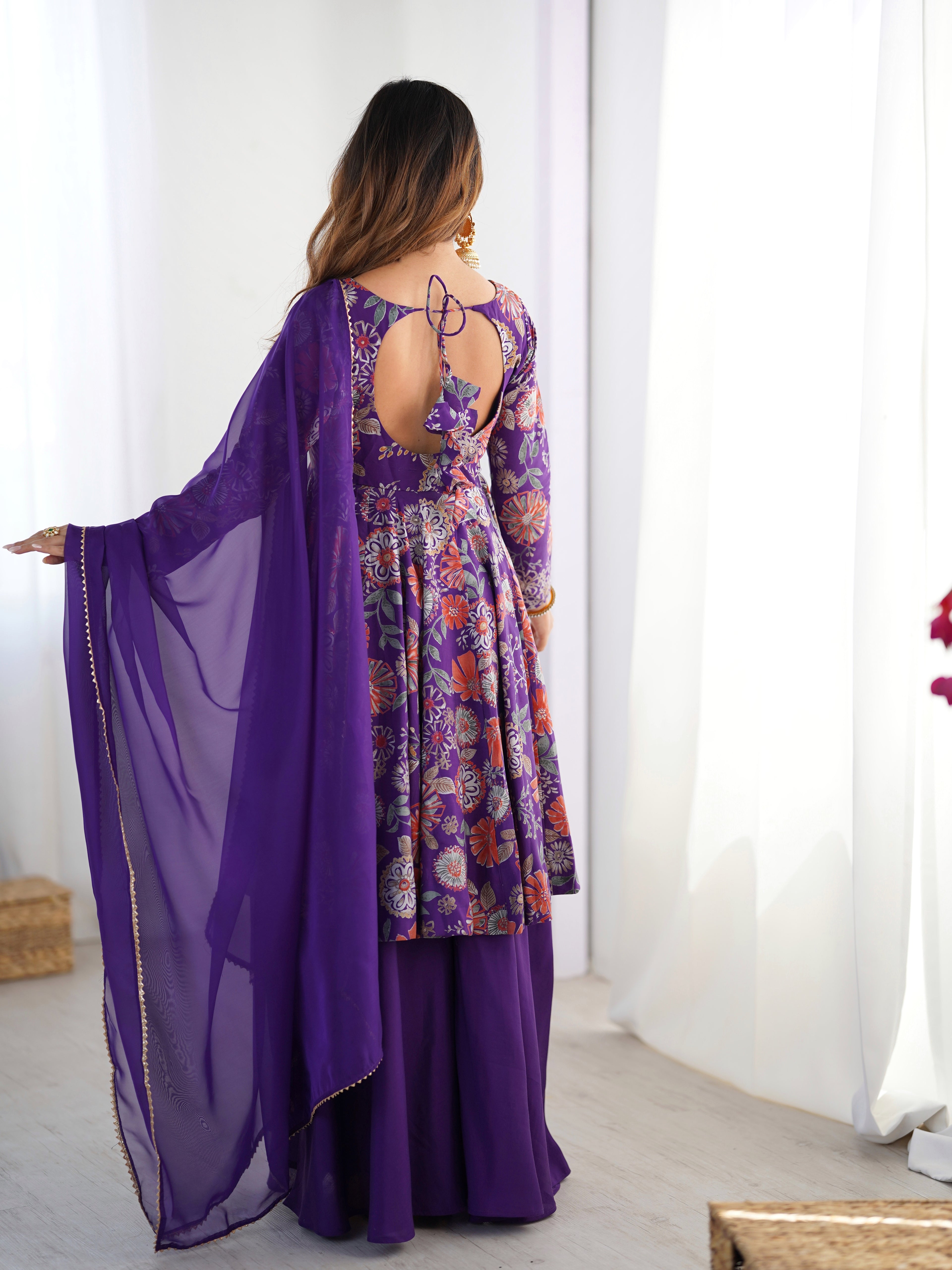 Royal Purple Floral Printed Flared Anarkali with Matching Palazzo & Sheer Dupatta