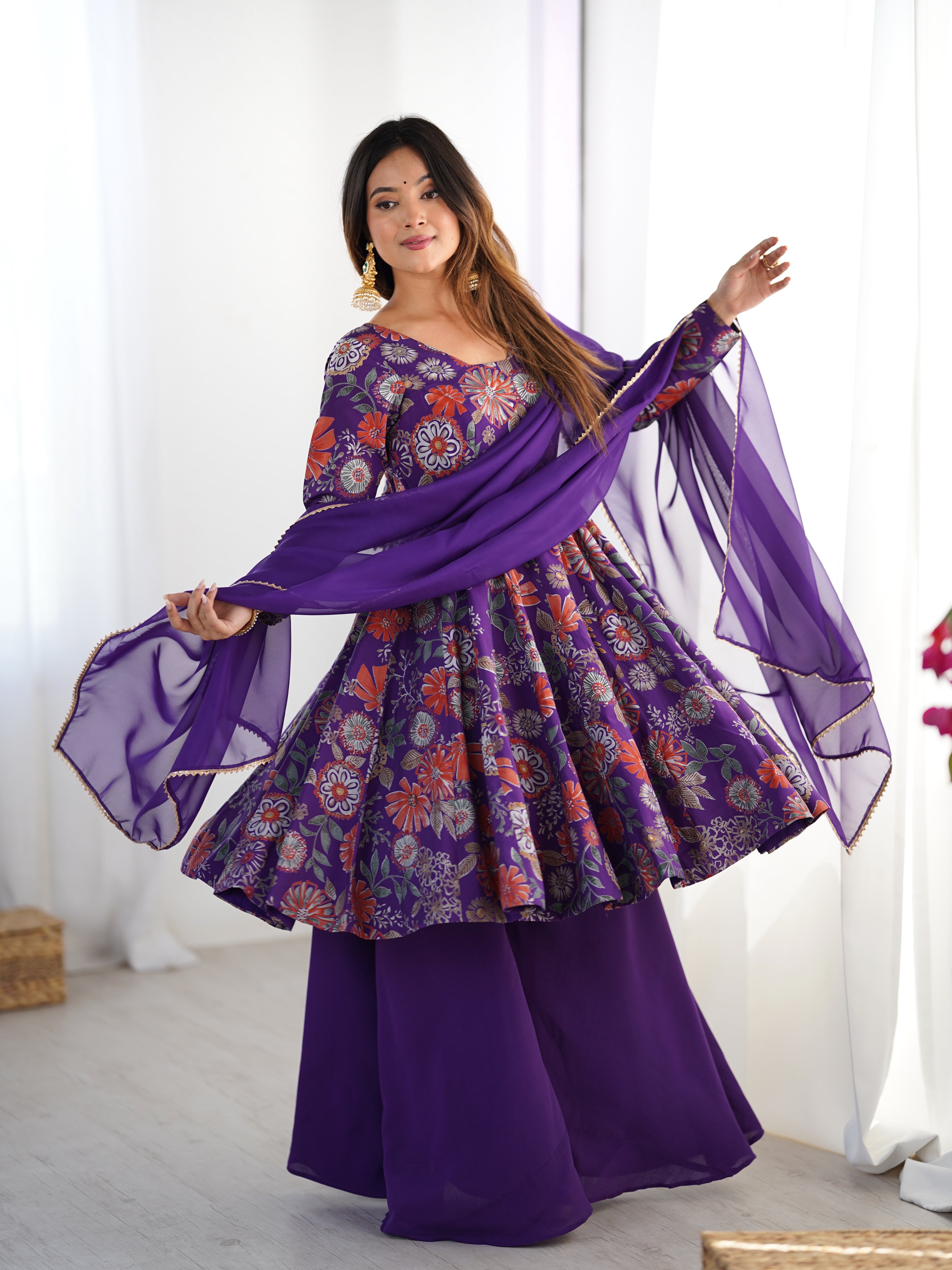 Royal Purple Floral Printed Flared Anarkali with Matching Palazzo & Sheer Dupatta