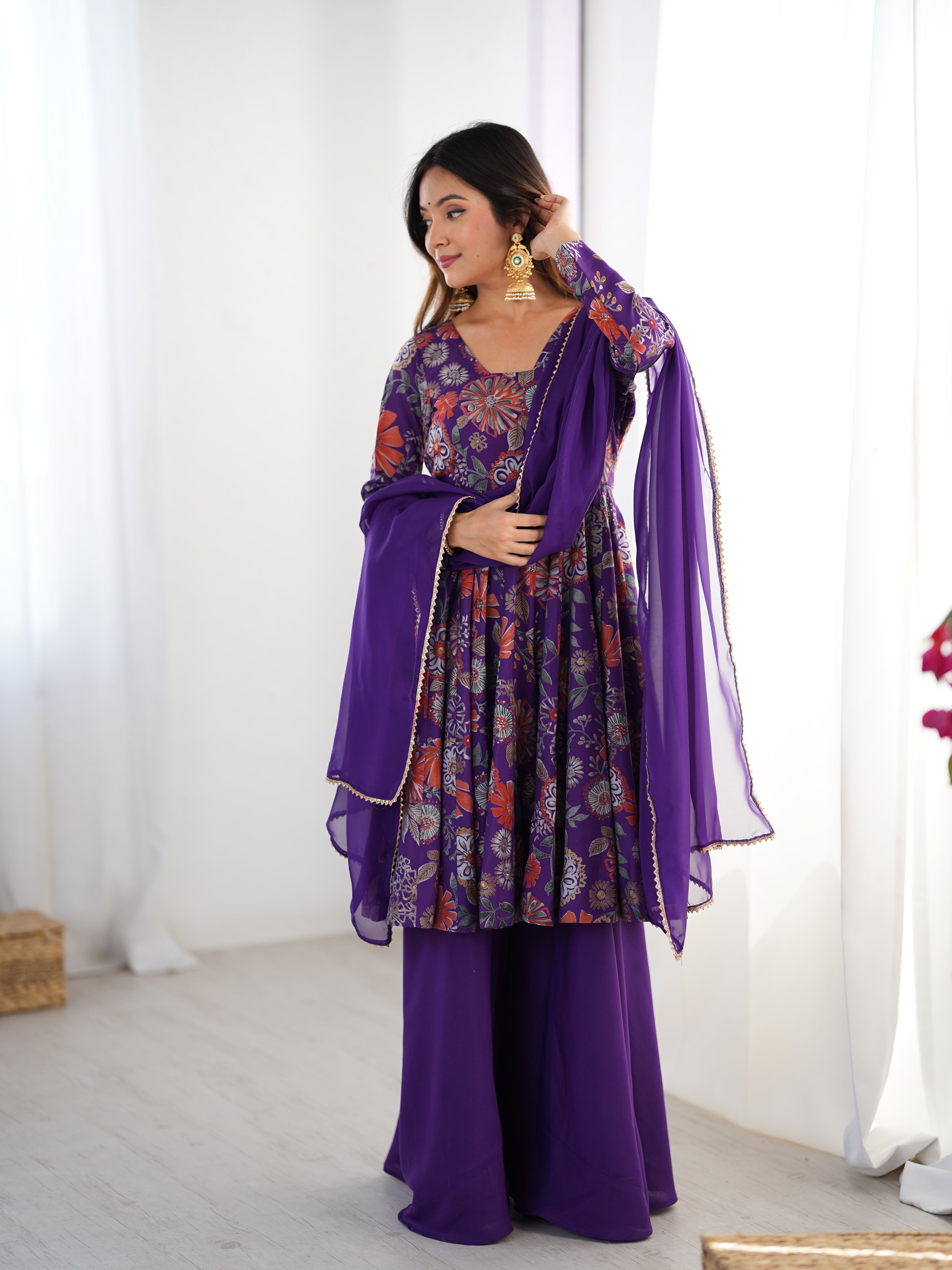 Royal Purple Floral Printed Flared Anarkali with Matching Palazzo & Sheer Dupatta