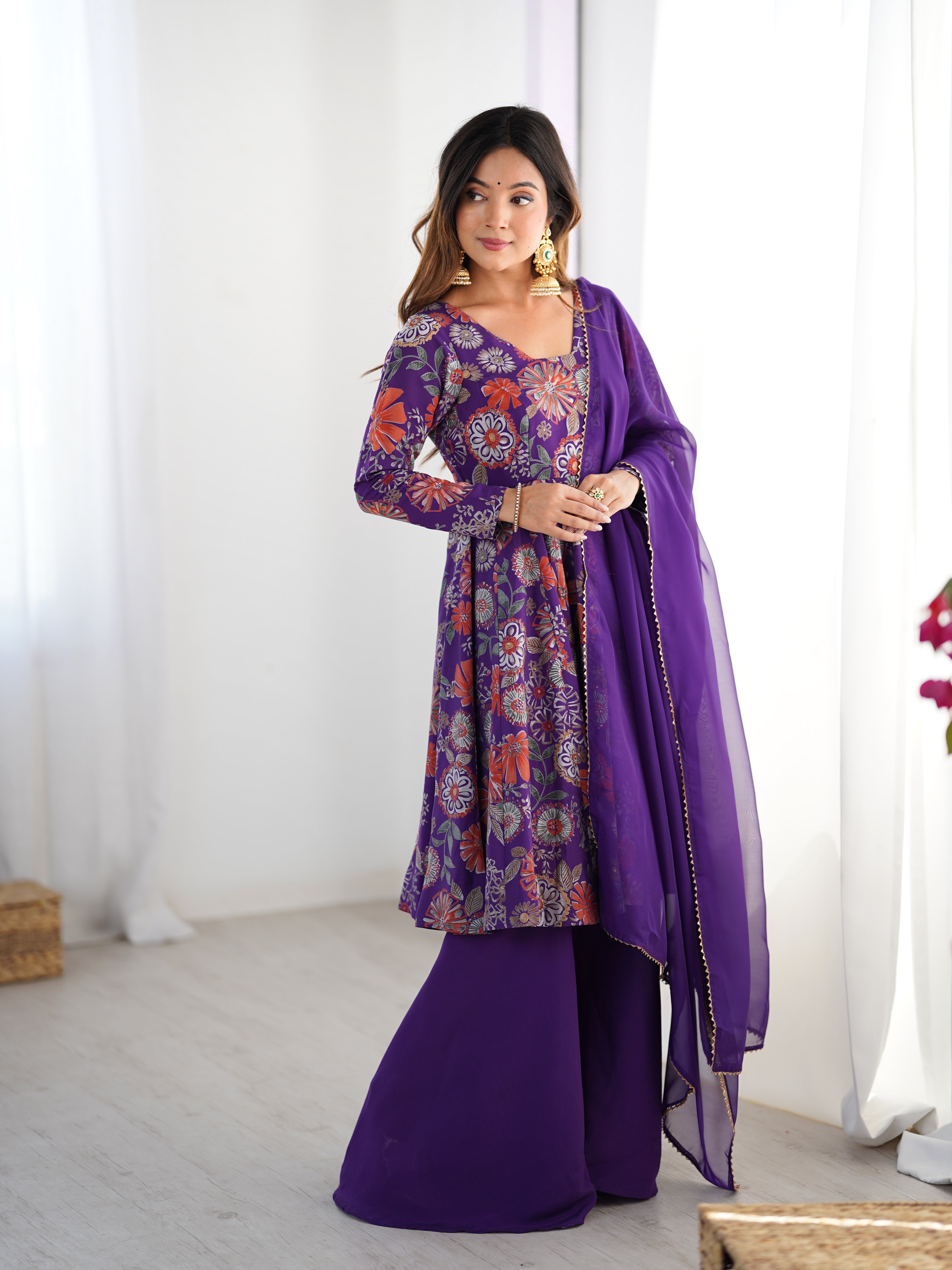 Royal Purple Floral Printed Flared Anarkali with Matching Palazzo & Sheer Dupatta