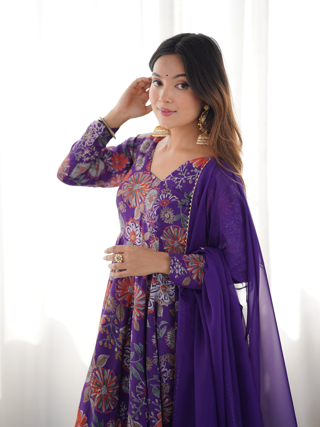 Royal Purple Floral Printed Flared Anarkali with Matching Palazzo & Sheer Dupatta