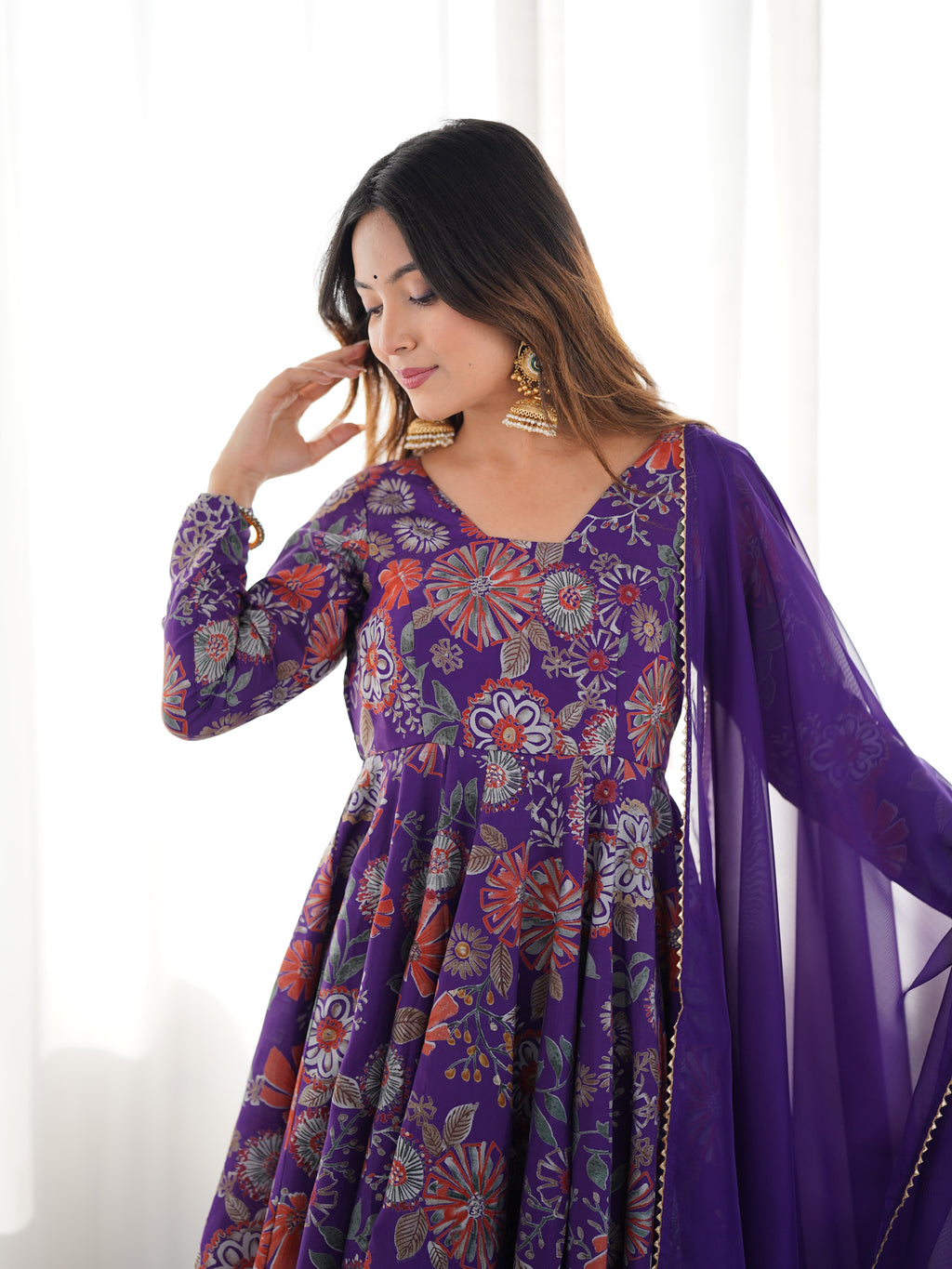Royal Purple Floral Printed Flared Anarkali with Matching Palazzo & Sheer Dupatta