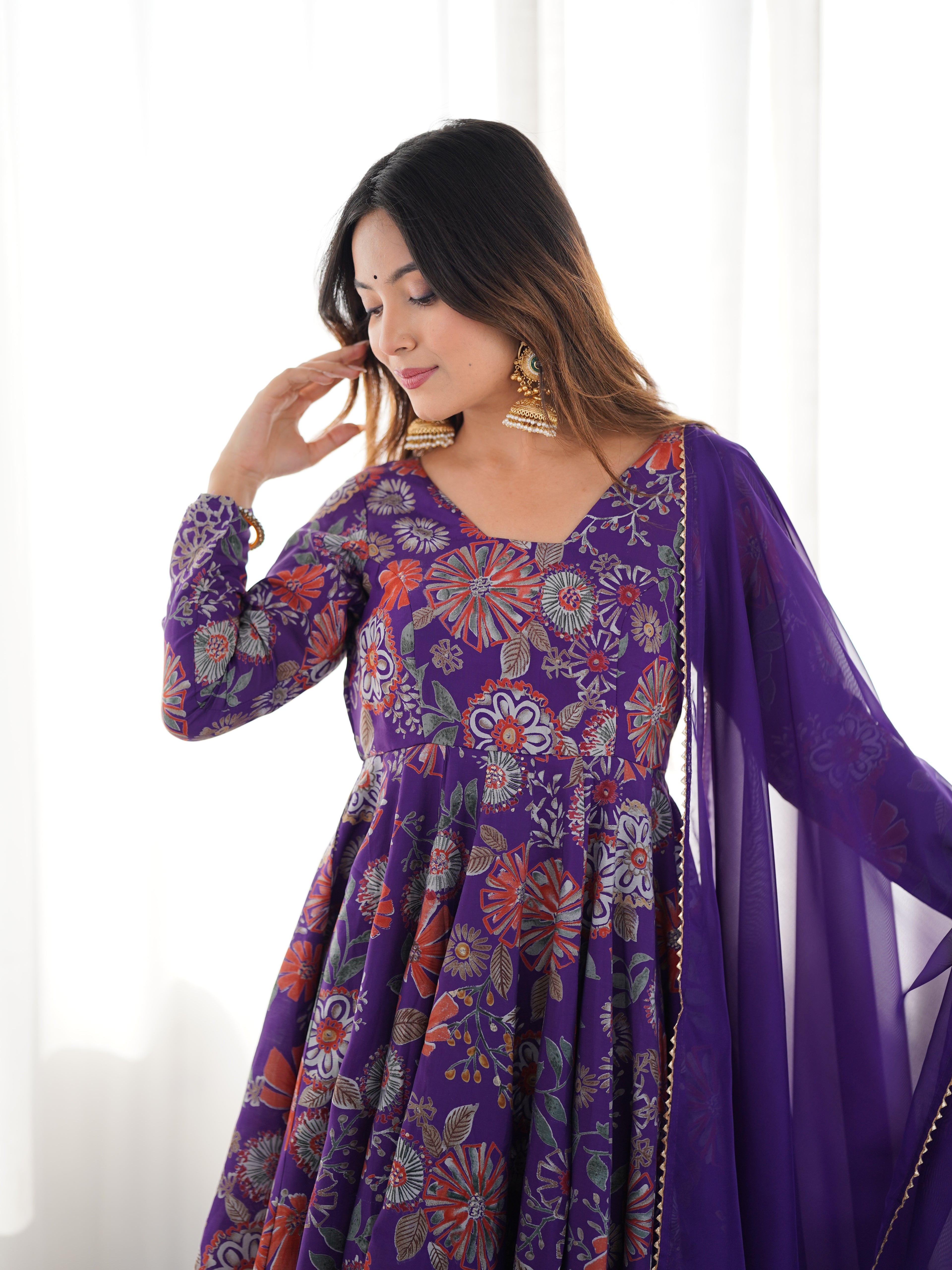 Royal Purple Floral Printed Flared Anarkali with Matching Palazzo & Sheer Dupatta