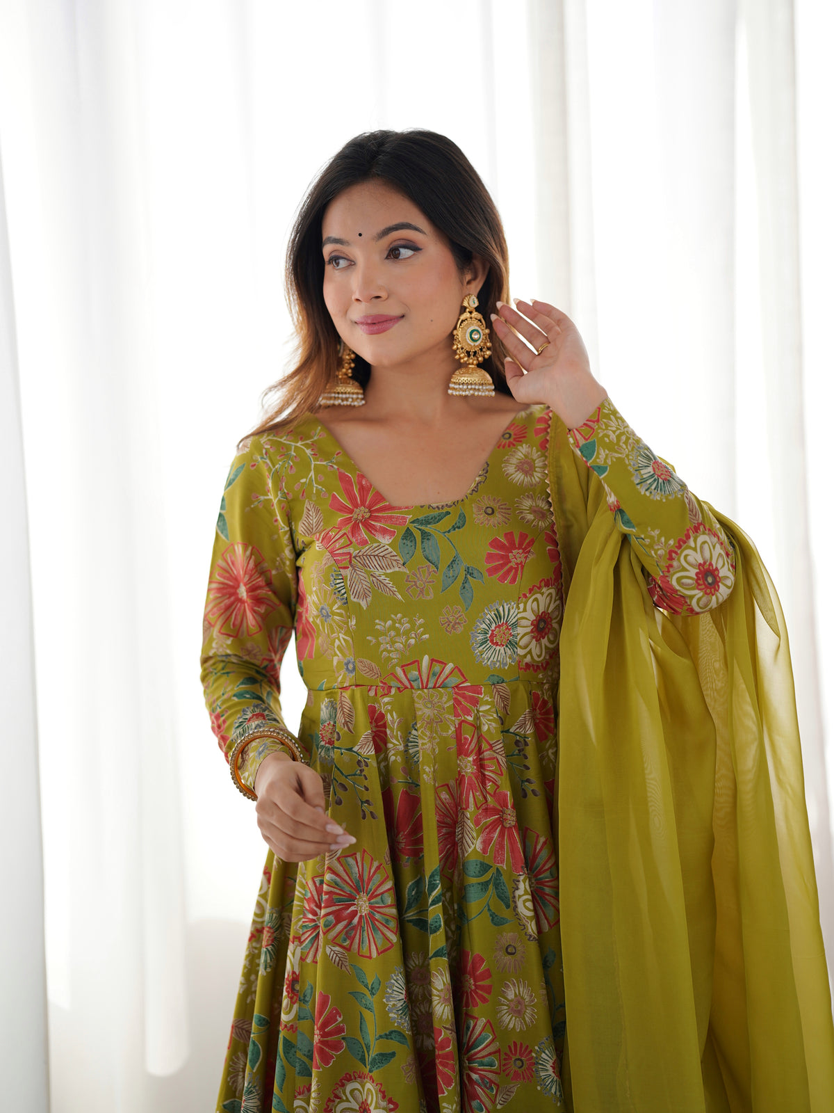Olive Green Floral Printed Anarkali Palazzo Set with Multicolor Botanical Motifs & Flowing Matching Dupatta