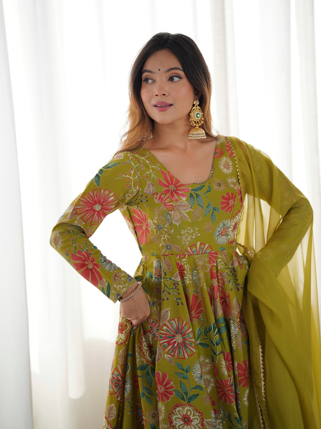 Olive Green Floral Printed Anarkali Palazzo Set with Multicolor Botanical Motifs & Flowing Matching Dupatta