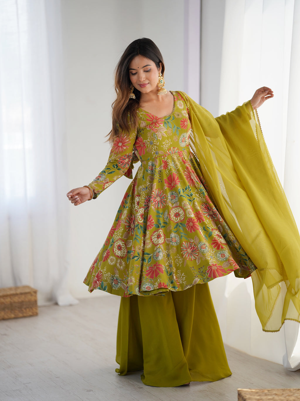 Olive Green Floral Printed Anarkali Palazzo Set with Multicolor Botanical Motifs & Flowing Matching Dupatta