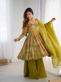 Olive Green Floral Printed Anarkali Palazzo Set with Multicolor Botanical Motifs & Flowing Matching Dupatta