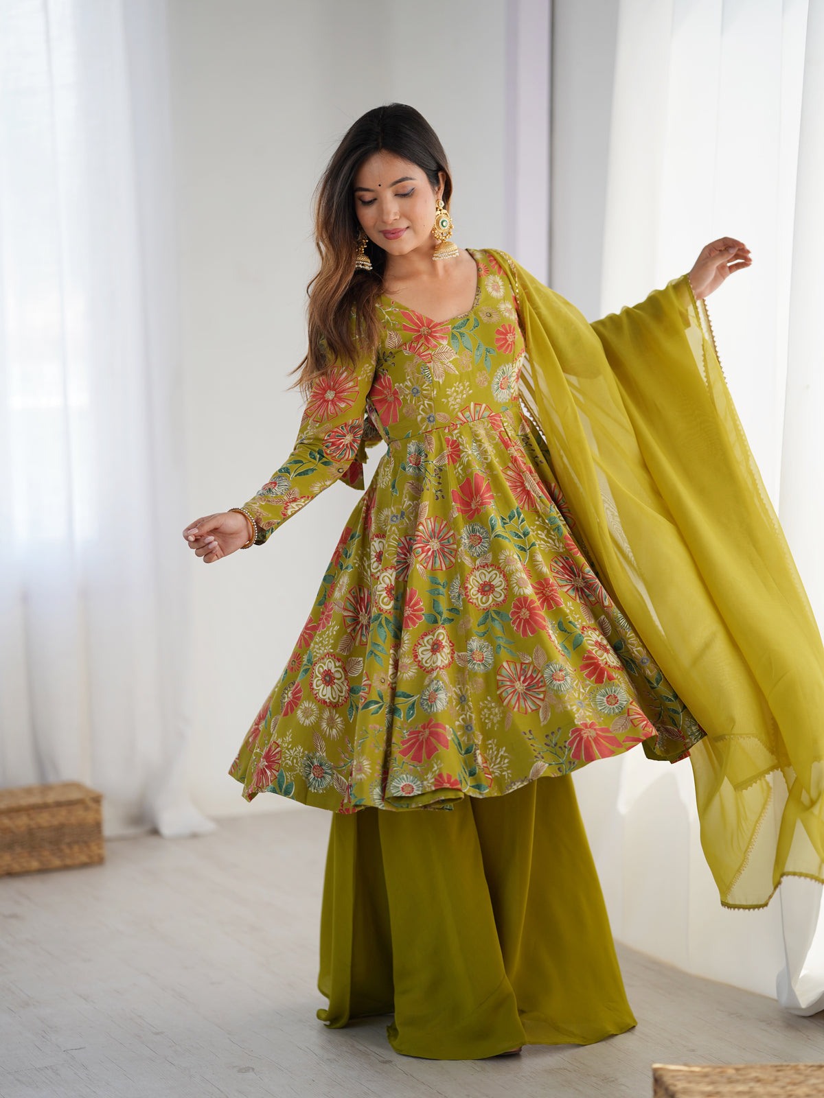 Olive Green Floral Printed Anarkali Palazzo Set with Multicolor Botanical Motifs & Flowing Matching Dupatta