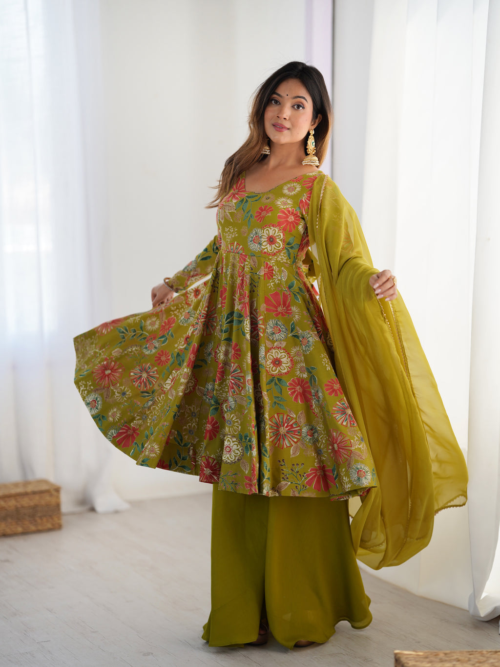 Olive Green Floral Printed Anarkali Palazzo Set with Multicolor Botanical Motifs & Flowing Matching Dupatta
