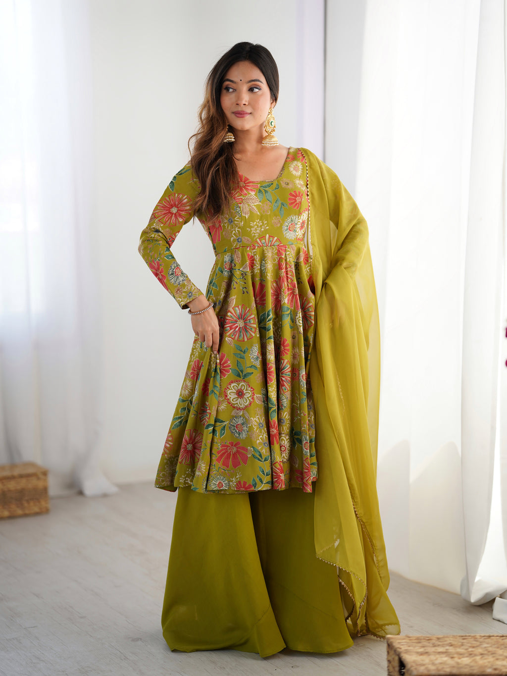 Olive Green Floral Printed Anarkali Palazzo Set with Multicolor Botanical Motifs & Flowing Matching Dupatta