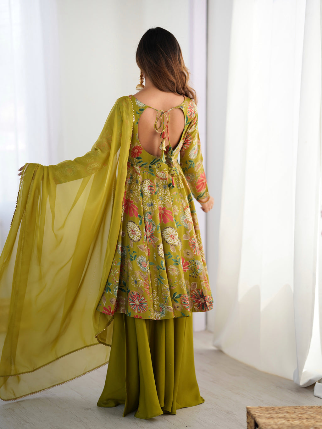 Olive Green Floral Printed Anarkali Palazzo Set with Multicolor Botanical Motifs & Flowing Matching Dupatta