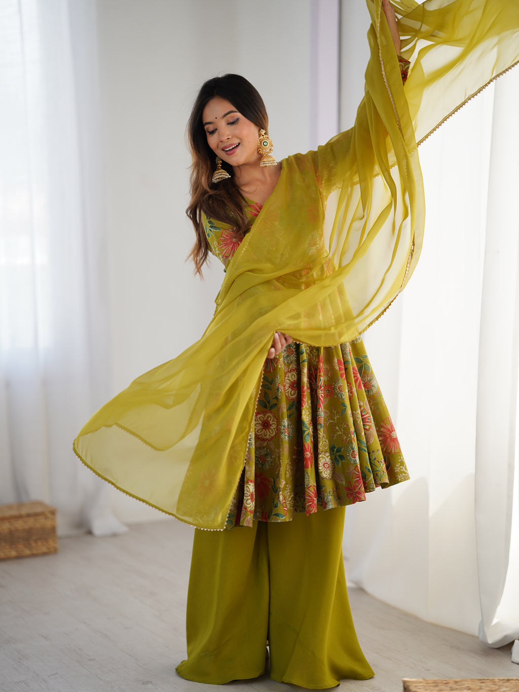 Olive Green Floral Printed Anarkali Palazzo Set with Multicolor Botanical Motifs & Flowing Matching Dupatta