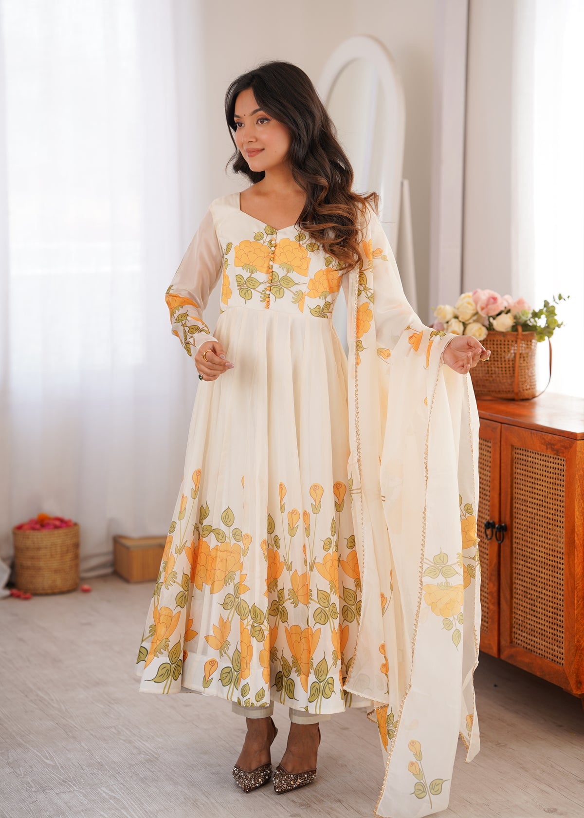 Ivory Floral Printed Anarkali Suit Set with Orange Marigold Motifs, Embroidered Bodice, Flared Silhouette & Matching Printed Dupatta