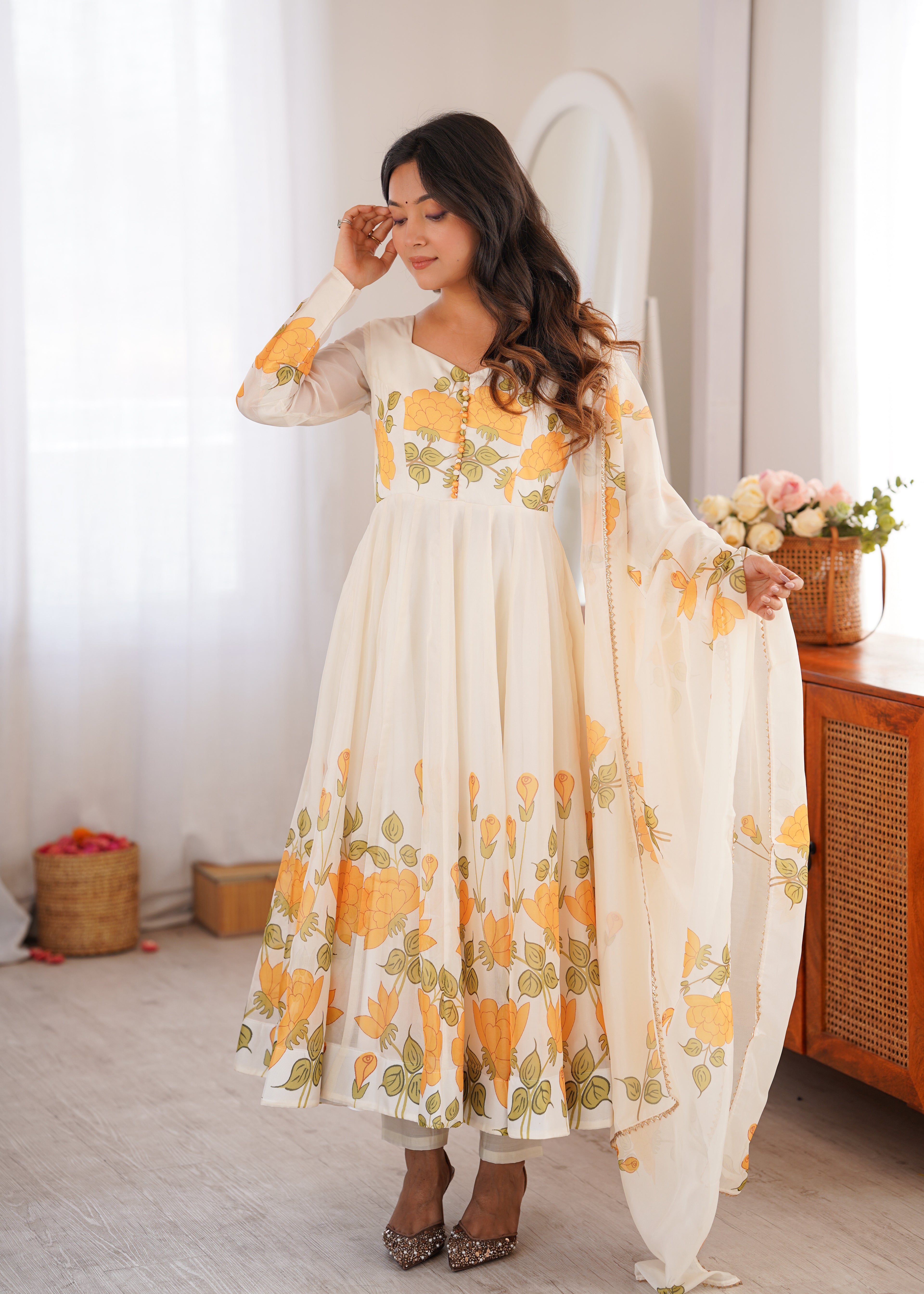 Ivory Floral Printed Anarkali Suit Set with Orange Marigold Motifs, Embroidered Bodice, Flared Silhouette & Matching Printed Dupatta