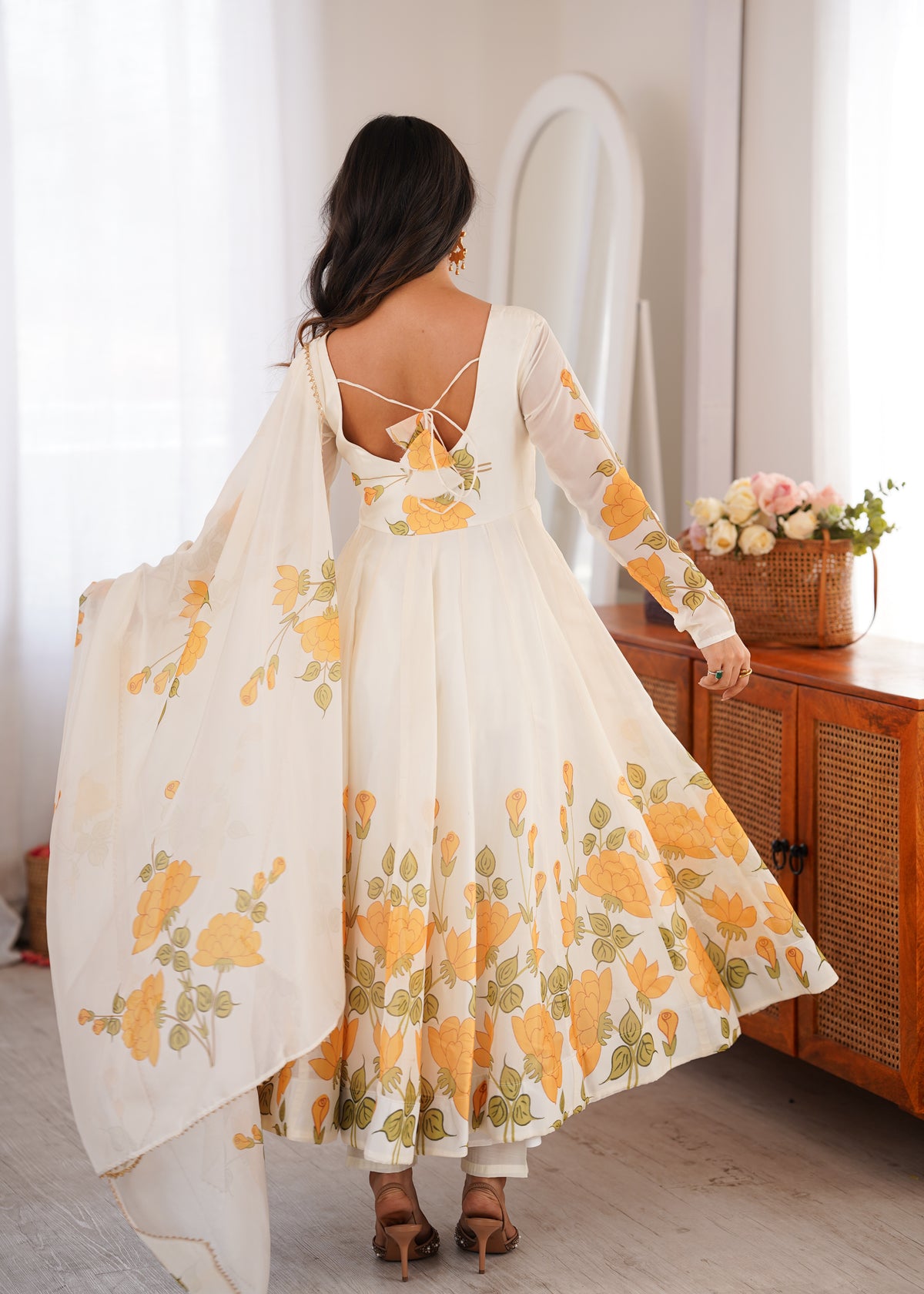 Ivory Floral Printed Anarkali Suit Set with Orange Marigold Motifs, Embroidered Bodice, Flared Silhouette & Matching Printed Dupatta