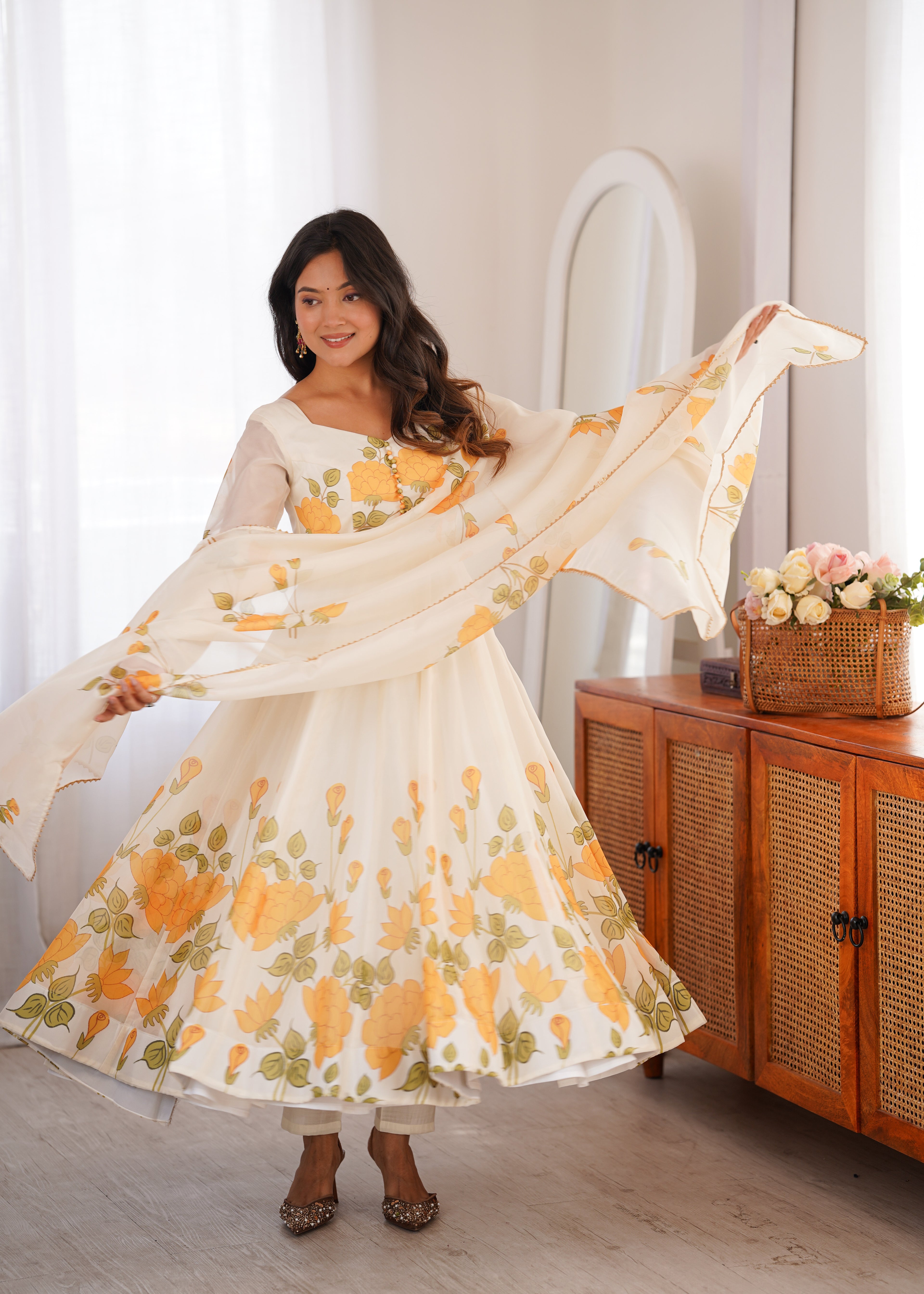 Ivory Floral Printed Anarkali Suit Set with Orange Marigold Motifs, Embroidered Bodice, Flared Silhouette & Matching Printed Dupatta