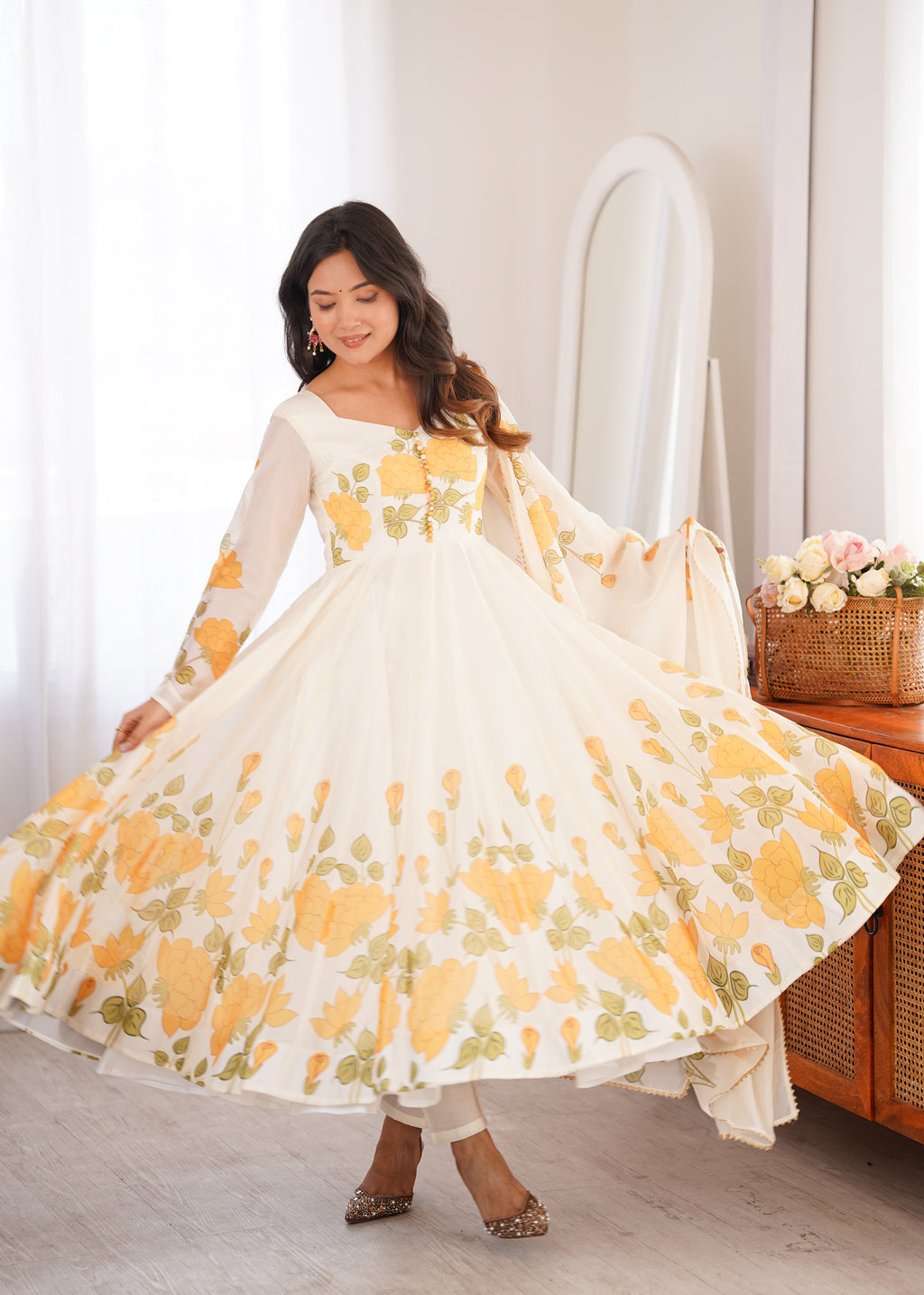 Ivory Floral Printed Anarkali Suit Set with Orange Marigold Motifs, Embroidered Bodice, Flared Silhouette & Matching Printed Dupatta