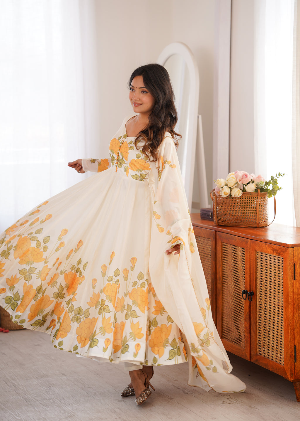 Ivory Floral Printed Anarkali Suit Set with Orange Marigold Motifs, Embroidered Bodice, Flared Silhouette & Matching Printed Dupatta