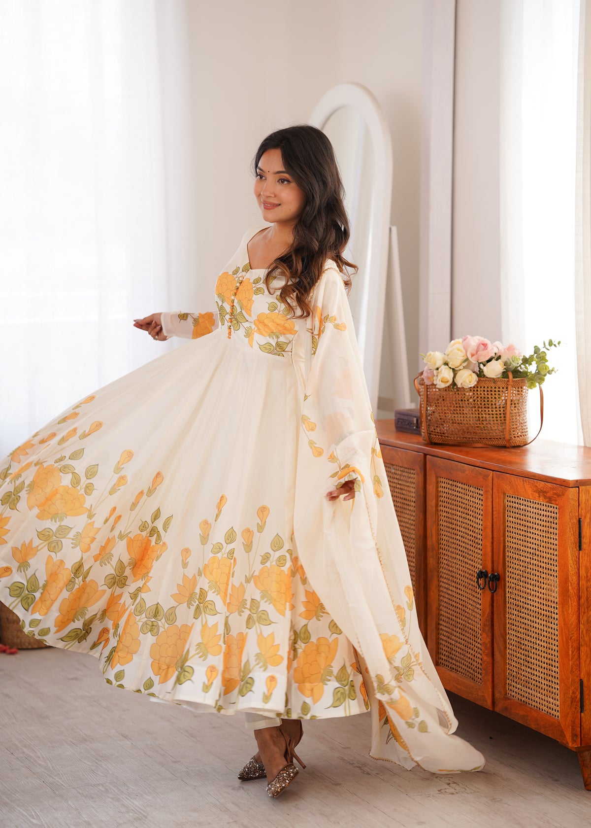 Ivory Floral Printed Anarkali Suit Set with Orange Marigold Motifs, Embroidered Bodice, Flared Silhouette & Matching Printed Dupatta