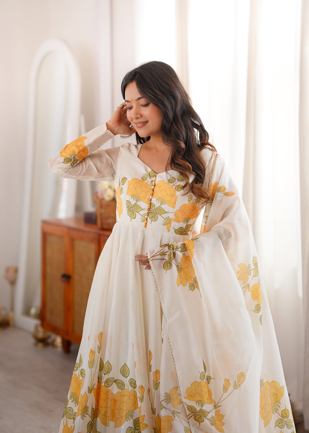 Ivory Floral Printed Anarkali Suit Set with Orange Marigold Motifs, Embroidered Bodice, Flared Silhouette & Matching Printed Dupatta