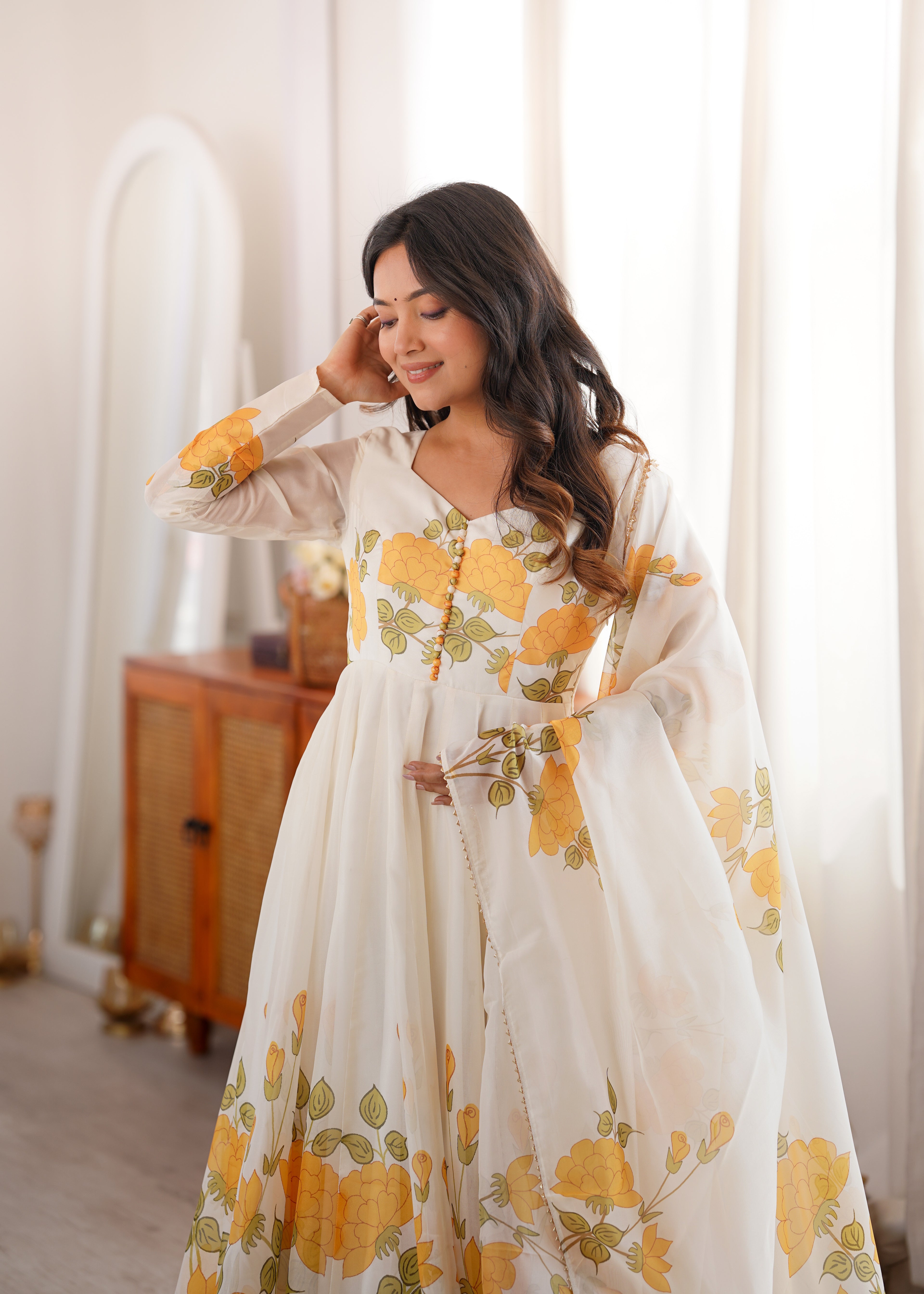 Ivory Floral Printed Anarkali Suit Set with Orange Marigold Motifs, Embroidered Bodice, Flared Silhouette & Matching Printed Dupatta