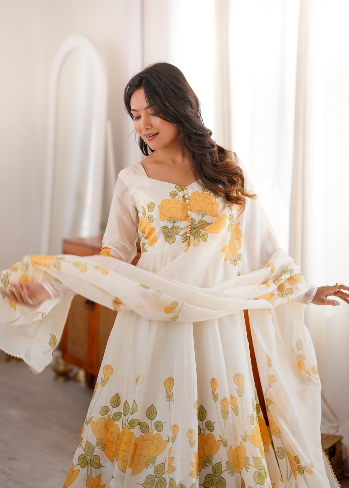 Ivory Floral Printed Anarkali Suit Set with Orange Marigold Motifs, Embroidered Bodice, Flared Silhouette & Matching Printed Dupatta