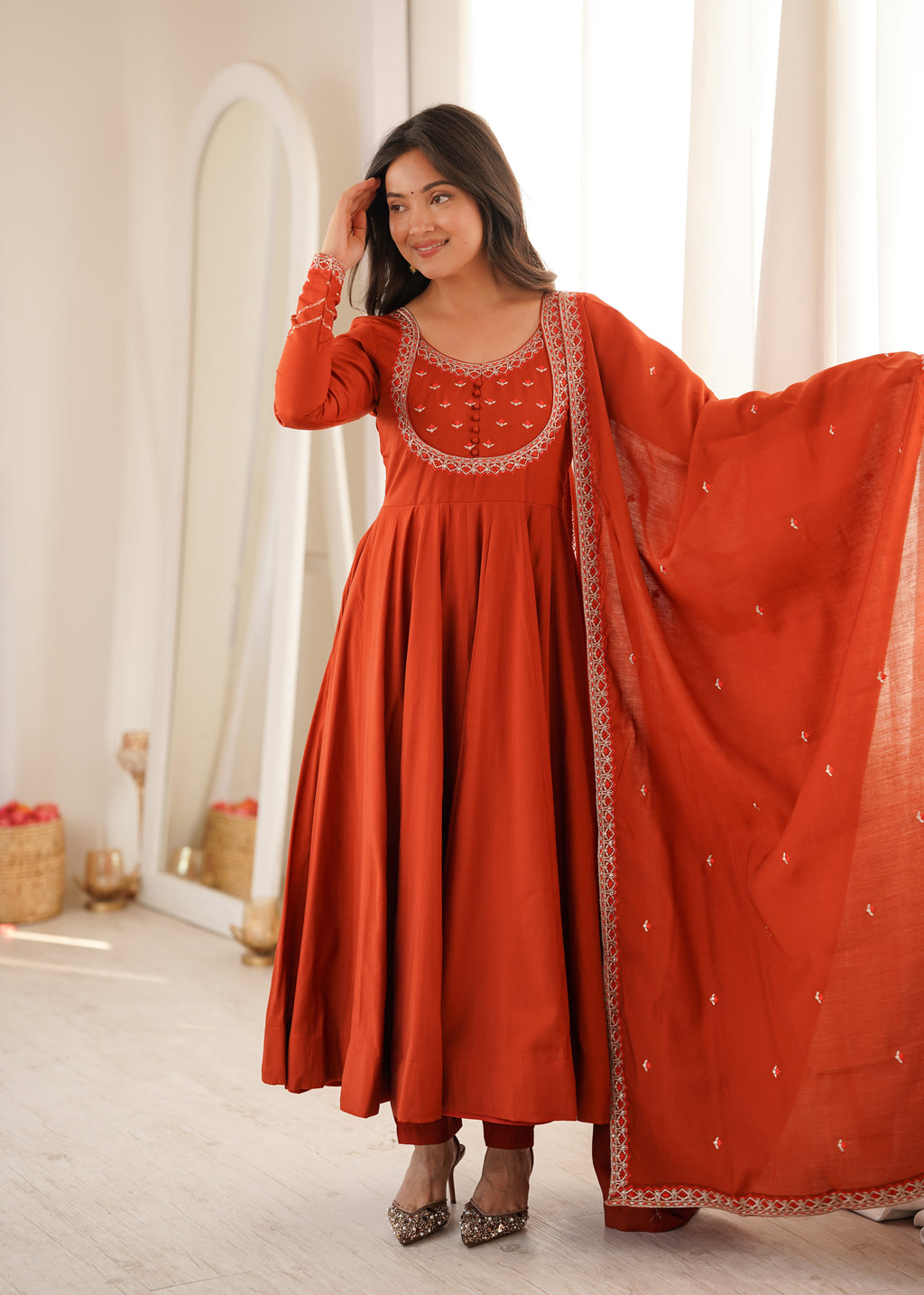 Rust Orange Elegance – Flared Anarkali with Embroidered Dupatta