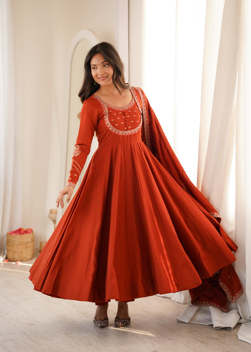 Rust Orange Elegance – Flared Anarkali with Embroidered Dupatta