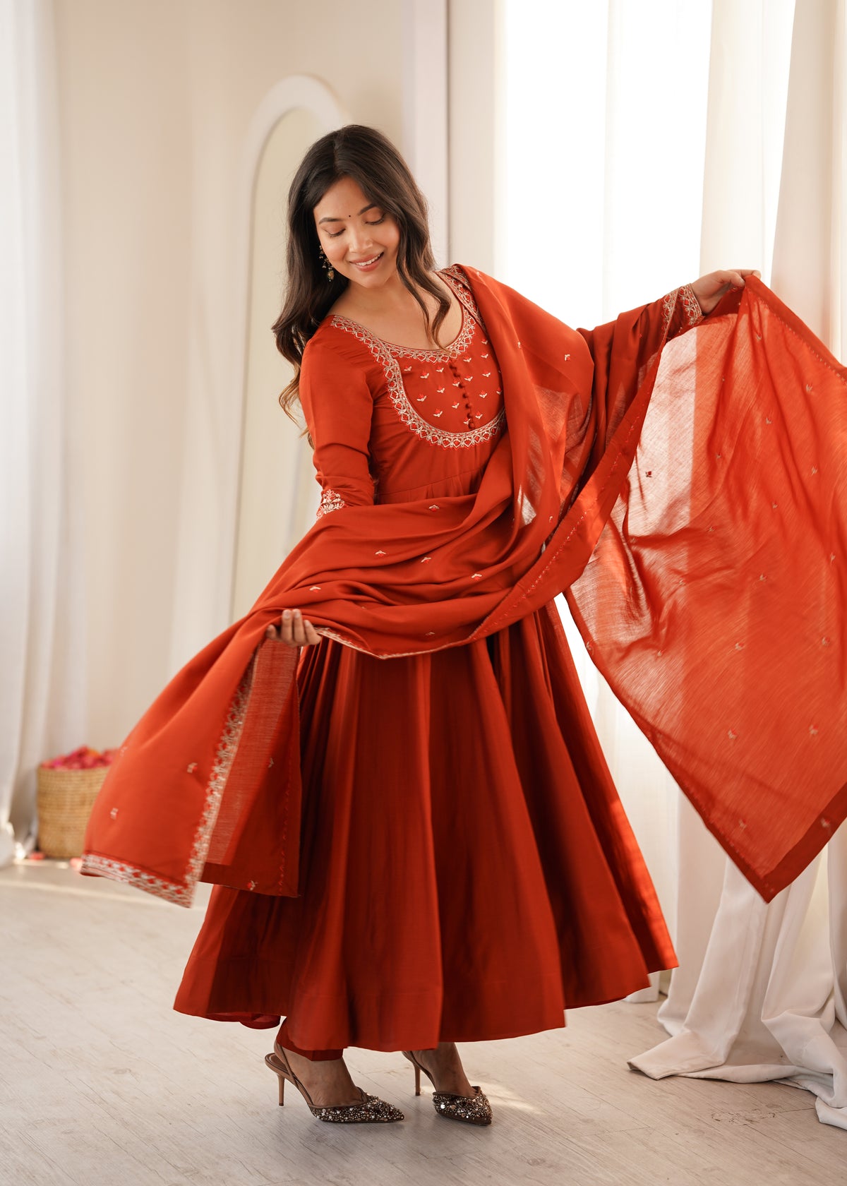 Rust Orange Elegance – Flared Anarkali with Embroidered Dupatta
