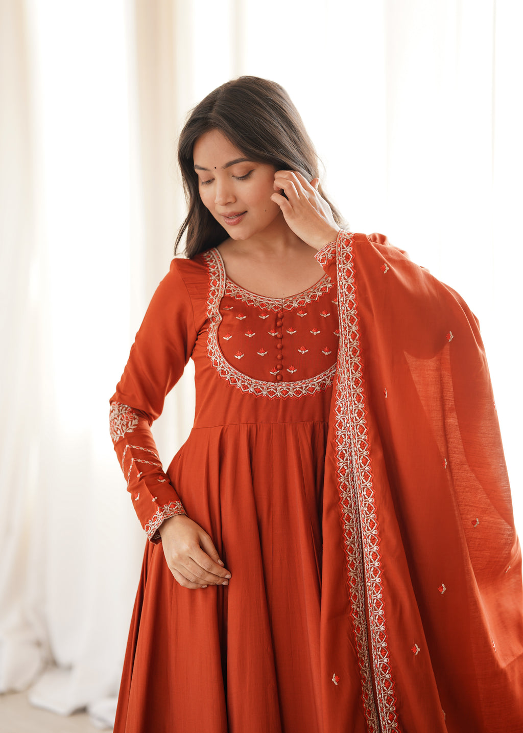 Rust Orange Elegance – Flared Anarkali with Embroidered Dupatta