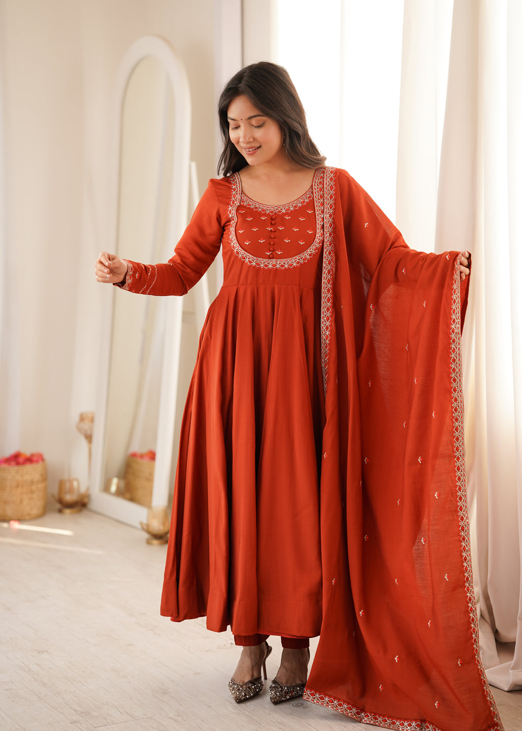 Rust Orange Elegance – Flared Anarkali with Embroidered Dupatta