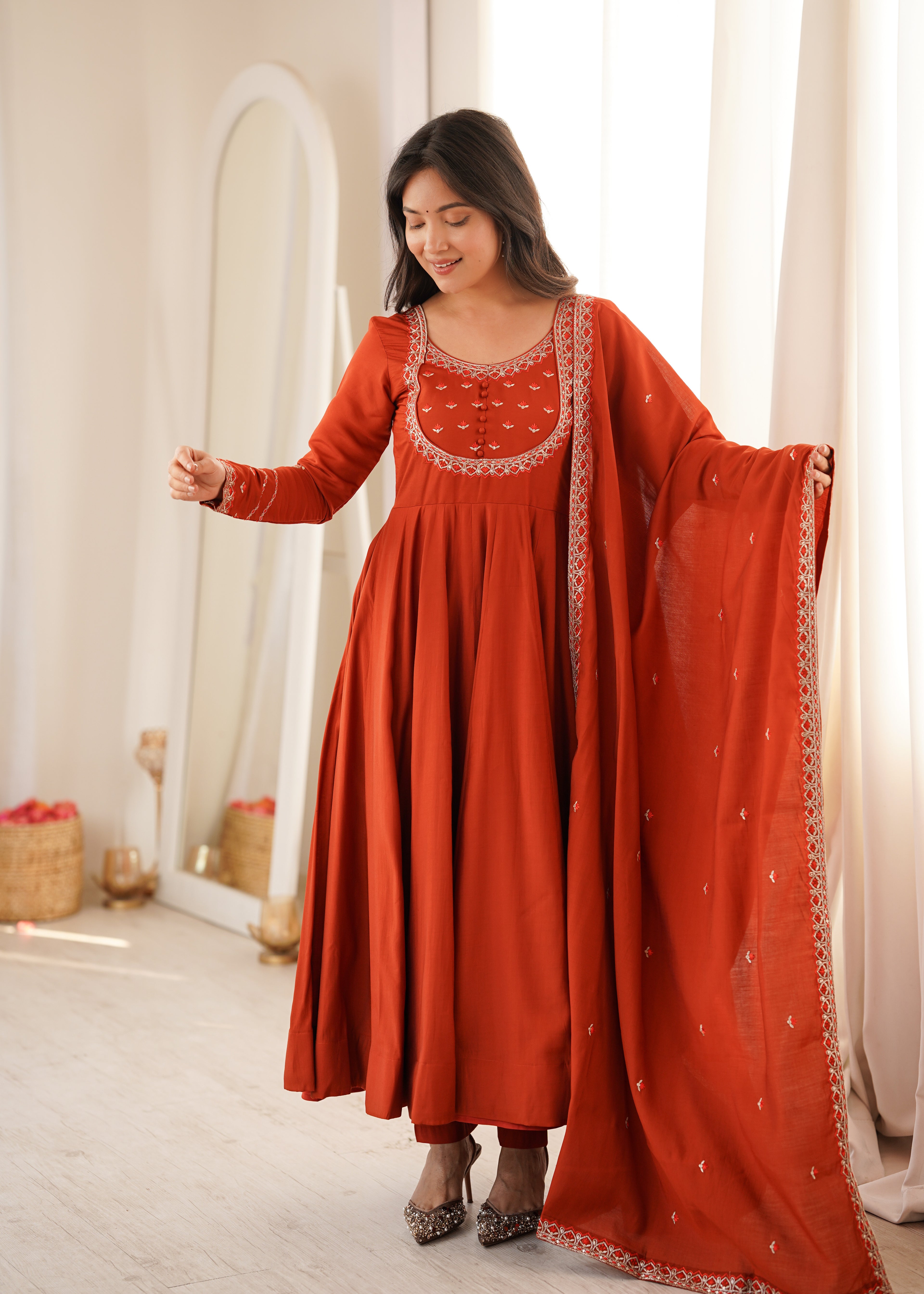 Rust Orange Elegance – Flared Anarkali with Embroidered Dupatta