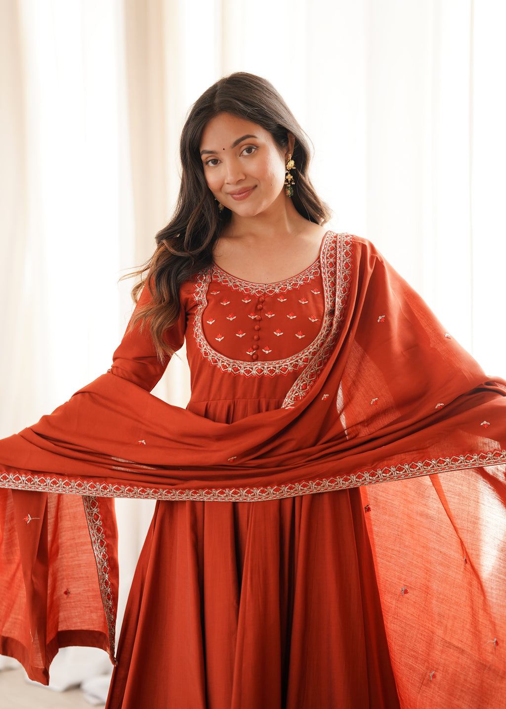 Rust Orange Elegance – Flared Anarkali with Embroidered Dupatta
